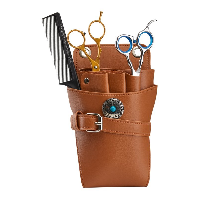 Holster met riem voor kappersscharen T14, bruin, voor kappers en barbers met overzichtelijk gereedschap in de salon Holster met riem voor kappersscharen T14, bruin, voor kappers en barbers met overzichtelijk gereedschap in de salon
