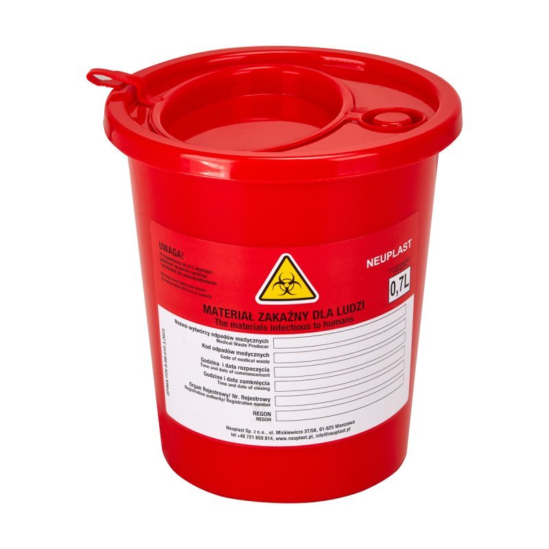 Medische afvalcontainer voor behandelafval, rood, 0,7 liter, professioneel voor hygiëne en orde in praktijk en salon