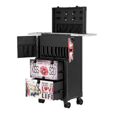 Professionele barber trolley Gabbiano C12 zwart met planken en wielen voor kapperswerk, barbershop en accessoires