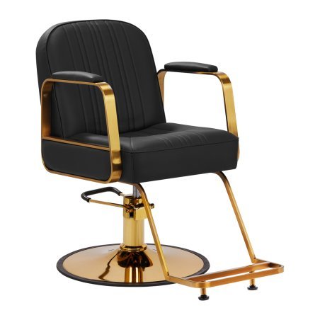 Professionele kappersstoel Gabbiano Acri zwart goud met hydraulische lift en voetsteun voor comfortabel salonwerk