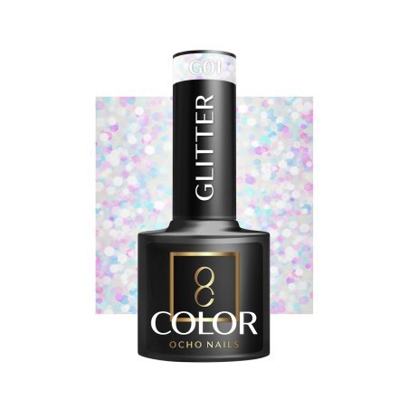 Gellak glitter G01 OCHO NAILS 5 g voor hybride manicure met intense kleur, glans en dekking tot drie weken