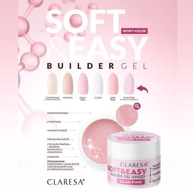 Bouwgel Claresa Soft&Easy Glam Pink 12 g voor professionele nagelversteviging, opbouw, verlenging, french en babyboomer