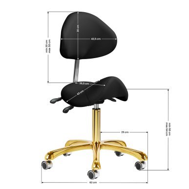 Professionele cosmetische kruk Giovanni 1004 goud-zwart met hoogteverstelling, rugleuning en voetensteun voor salon