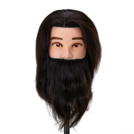 Kappers oefenhoofd Gabbiano WZ4 met baard van natuurlijk haar, zwart, 8 inch + 6 inch voor knip- en stylingtraining