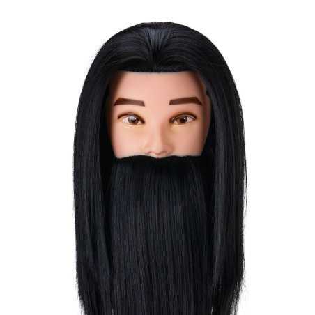 Kappers oefenhoofd Gabbiano WZ4 met baard, zwart synthetisch haar 8 inch + 6 inch voor kniptraining