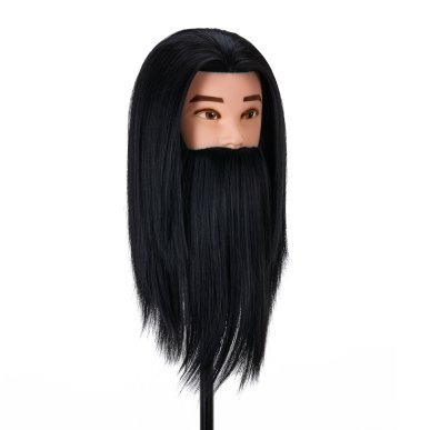 Kappers oefenhoofd Gabbiano WZ4 met baard, zwart synthetisch haar 8 inch + 6 inch voor kniptraining