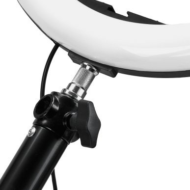 Ringlamphouder voor praktische montage en ruimtebesparende opslag in salon, make-upstudio en professionele werkruimte