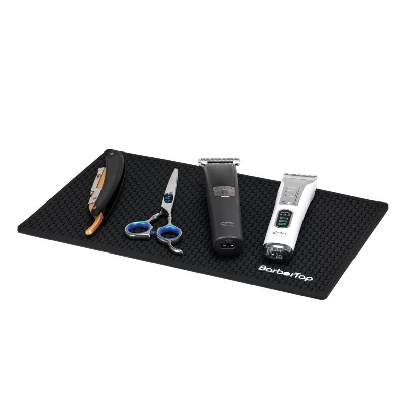 Kleine zwarte barbiermat voor tools voor barbershop en kapsalon – antislip werkbladmat voor tondeuse, trimmer en kammen