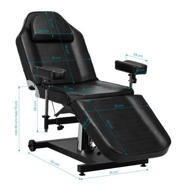 Professionele hydraulische tattoostoel PRO INK 322F zwart voor dagelijks salonwerk in tattoo, beauty en podologie