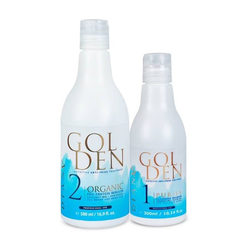 Proteïne ontkrulbehandeling GoldenBlue 500ml + shampoo 300ml voor blond, gekleurd en beschadigd haar met koele glans Proteïne ontkrulbehandeling GoldenBlue 500ml + shampoo 300ml voor blond, gekleurd en beschadigd haar met koele glans