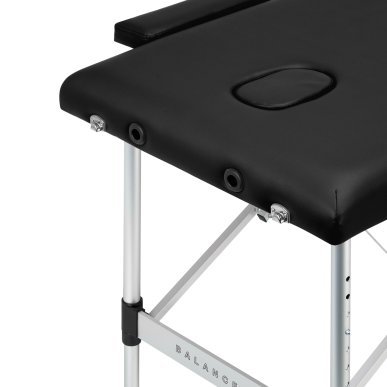 Inklapbare aluminium massagetafel BALANCE met 2 segmenten in zwart voor massage, fysiotherapie en mobiele behandelingen