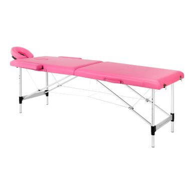 Inklapbare aluminium massagetafel BALANCE met 2 segmenten in roze voor massage, fysiotherapie en mobiele behandelingen