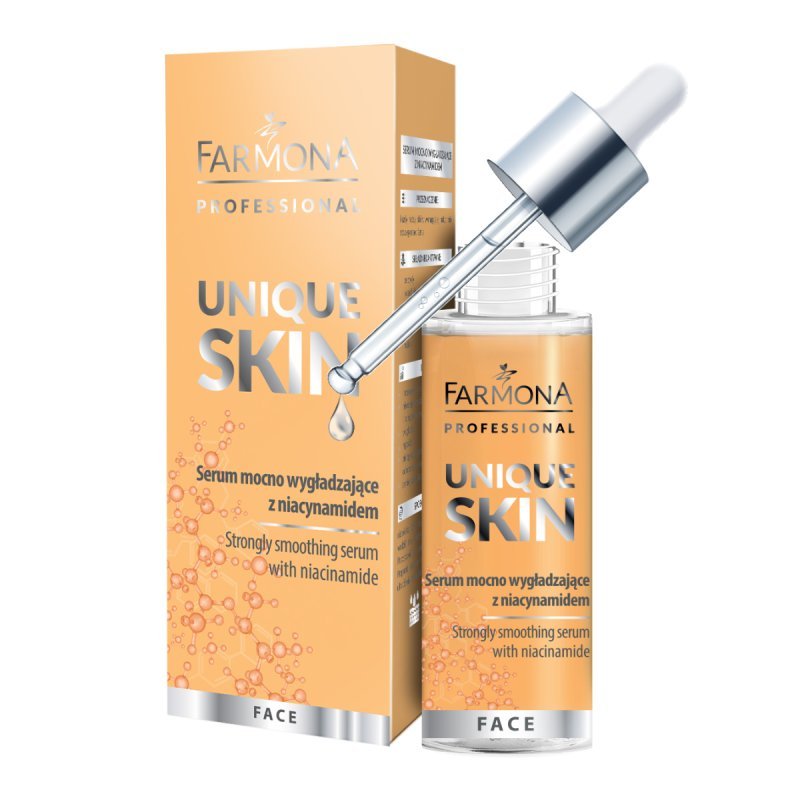 Gladmakend gezichtsserum Farmona UNIQUE SKIN met niacinamide, hyaluronzuur en provitamine B5, 30 ml voor gezicht, hals