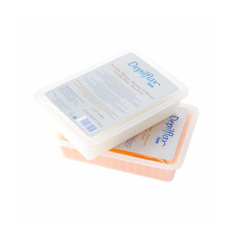 Witte cosmetische paraffine Depilflax 100 met sheaboter 500 g voor verzorgende hand-, voet- en huidbehandelingen