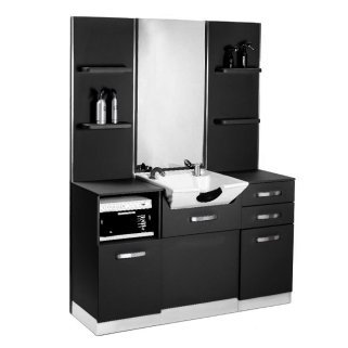 Professionele kappersconsole Gabbiano B085 zwart met wasbak, spiegel en werkruimte voor georganiseerde salonzone