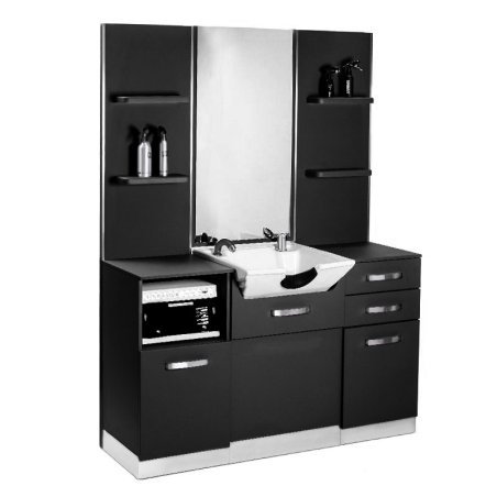 Professionele kappersconsole Gabbiano B085 zwart met wasbak, spiegel en werkruimte voor georganiseerde salonzone