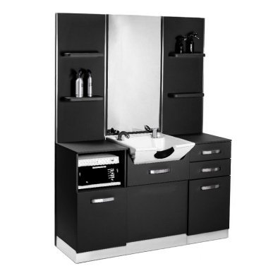 Professionele kappersconsole Gabbiano B085 zwart met wasbak, spiegel en werkruimte voor georganiseerde salonzone