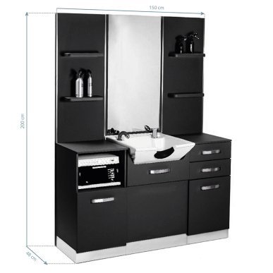 Professionele kappersconsole Gabbiano B085 zwart met wasbak, spiegel en werkruimte voor georganiseerde salonzone