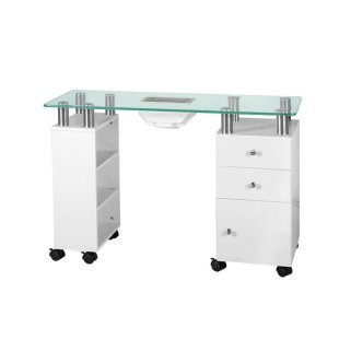 Glazen cosmetische tafel 013B wit met afzuiger voor manicure en professioneel salonwerk met een georganiseerde werkplek