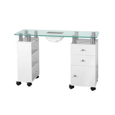 Glazen cosmetische tafel 013B wit met afzuiger voor manicure en professioneel salonwerk met een georganiseerde werkplek