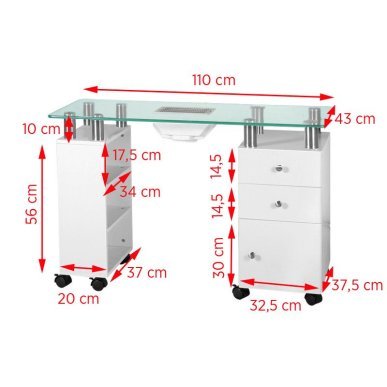 Glazen cosmetische tafel 013B wit met afzuiger voor manicure en professioneel salonwerk met een georganiseerde werkplek