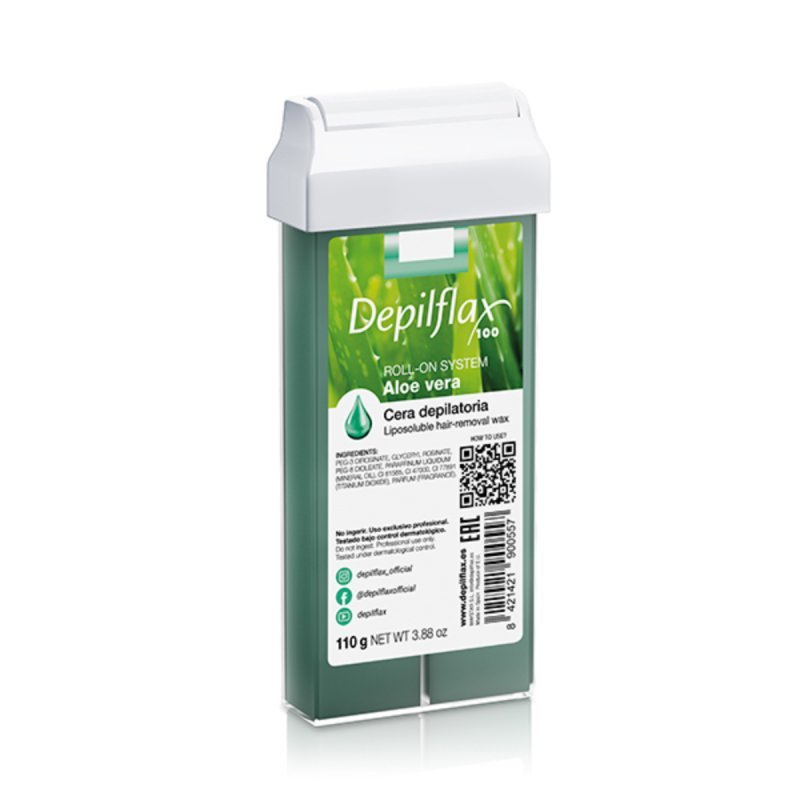 Roll-on wax Depilflax 100 Aloe Vera 110 g voor snelle ontharing en efficiënte toepassing in professionele salons