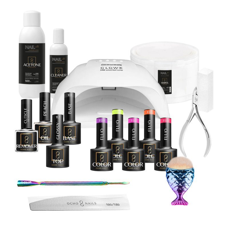 Gellak starterset OCHO NAILS 6 voor gelnagels met UV LED-lamp, base, top, kleur en accessoires voor nagelstyling