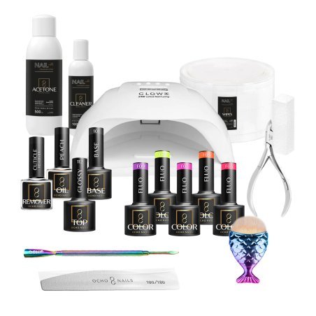 Gellak starterset OCHO NAILS 6 voor gelnagels met UV LED-lamp, base, top, kleur en accessoires voor nagelstyling