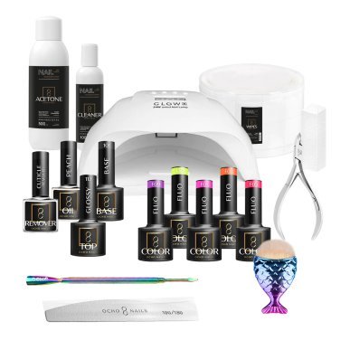 Gellak starterset OCHO NAILS 6 voor gelnagels met UV LED-lamp, base, top, kleur en accessoires voor nagelstyling