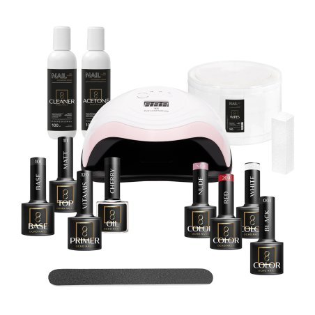 Gellak-startset OCHO NAILS 7 voor gelnagels met UV-LED-lamp, base, top, kleur en accessoires voor salon en training