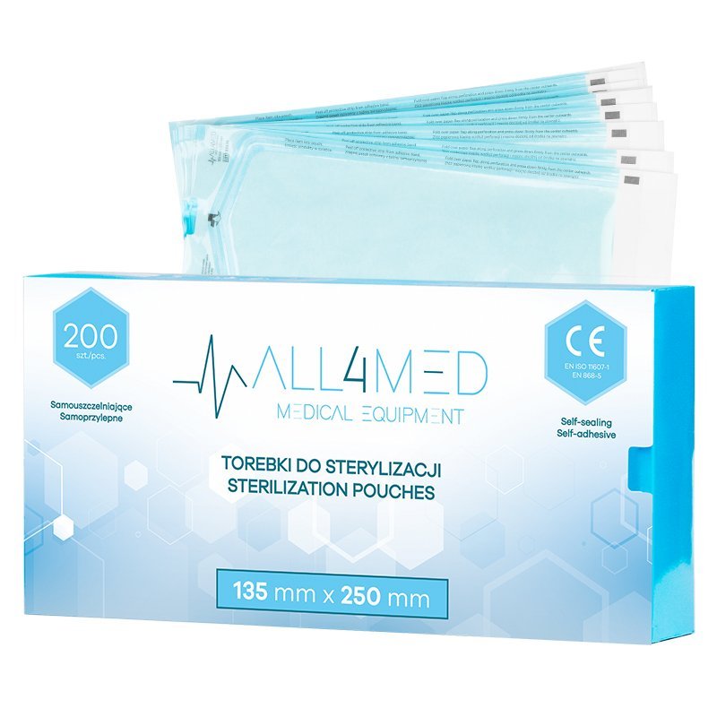 Sterilisatiezakjes voor instrumenten All4med 135 x 250 mm, 200 stuks, voor professioneel salon- en praktijkgebruik Sterilisatiezakjes voor instrumenten All4med 135 x 250 mm, 200 stuks, voor professioneel salon- en praktijkgebruik
