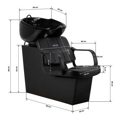 Professionele kapperswasunit Hair System Komodo zwart voor salons, comfortabel haar wassen en een georganiseerde werkplek