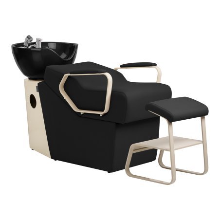 Professionele kapperswasunit Omega Marina zwart met stoel voor comfortabel werken en verzorgde saloninrichting