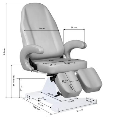 Hydraulische podologiestoel 112 grijs voor professionele pedicurepraktijk, podologie en behandelruimte in salon