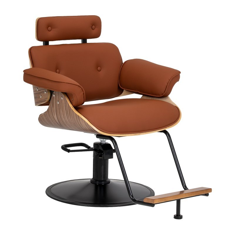 Professionele kappersstoel Gabbiano Florencja bruin met hydraulische lift, draaifunctie en zwarte ronde basis voor salon Professionele kappersstoel Gabbiano Florencja bruin met hydraulische lift, draaifunctie en zwarte ronde basis voor salon