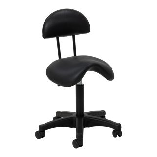 Cosmetische werkkruk 6001 zwart met ergonomisch zadelzitje, rugsteun en gaslift voor comfortabel salonwerk