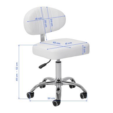 Professionele beautykruk Giovanni Y08 wit met rugleuning, verstelbare hoogte 49-62 cm en draaifunctie voor de salon