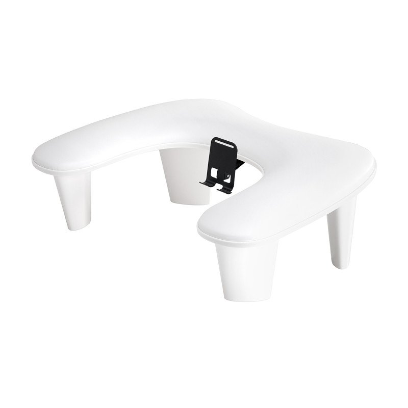Manicure handsteun MOMO Croissant wit met verstelbare telefoonhouder, U-vorm en ruimte voor UV-lamp in nagelsalon Manicure handsteun MOMO Croissant wit met verstelbare telefoonhouder, U-vorm en ruimte voor UV-lamp in nagelsalon