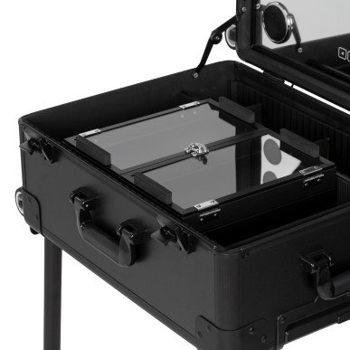 Mobiele make-upkoffer Plus zwart met LED-spiegel, Bluetooth-speakers, telescopische poten en opbergruimte voor visagie