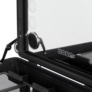 Mobiele make-upkoffer Plus zwart met LED-spiegel, Bluetooth-speakers, telescopische poten en opbergruimte voor visagie