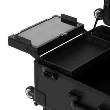 Mobiele make-upkoffer Plus zwart met LED-spiegel, Bluetooth-speakers, telescopische poten en opbergruimte voor visagie