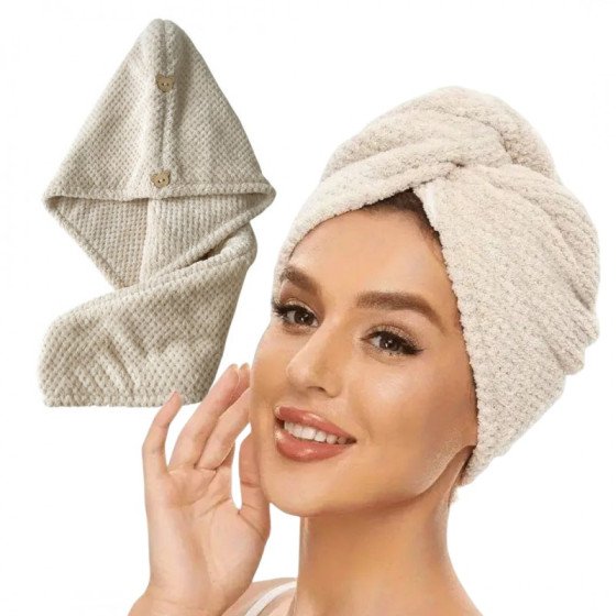 Ręcznik do włosów – kapturek/turban z mikrofibry 65x25 cm, beżowy