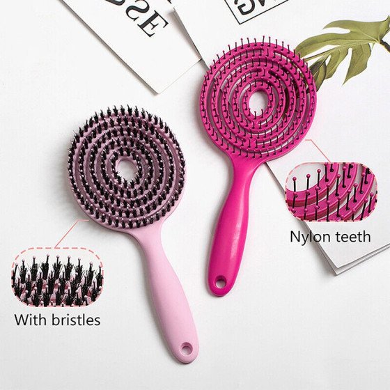 Brosse à cheveux super flexible avec poils de sanglier – démêlage, séchage, massage – rose poudré