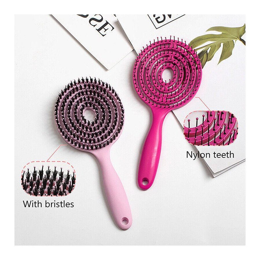 Brosse à cheveux super flexible avec poils de sanglier – démêlage, séchage, massage – rose poudré