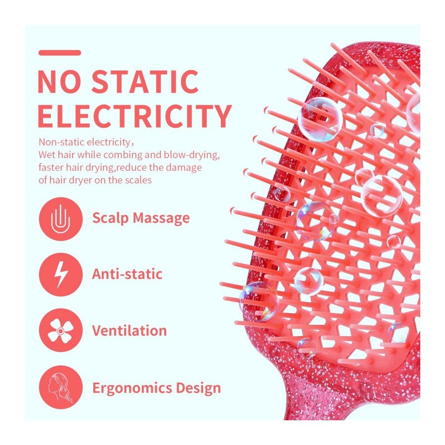 Brosse à cheveux rouge pailletée – ultra flexible, ventilée, tous types de cheveux