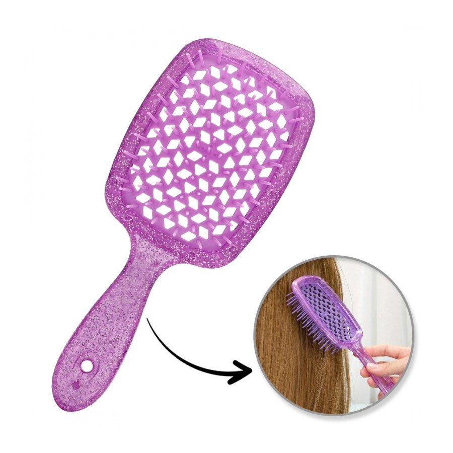 Brosse à cheveux pailletée violette – ultra flexible, ventilée, tous types de cheveux
