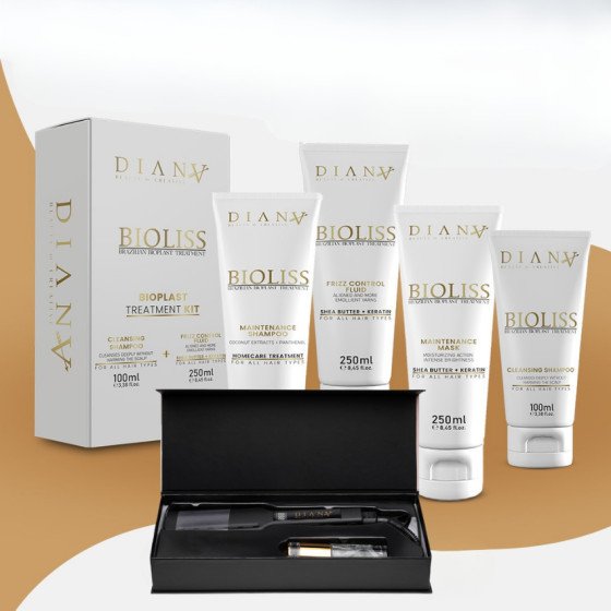 Bioliss – Professionelles Set: Bioplastie 250 g + Shampoo 250 ml + Maske 250 ml + Thermisches Glätteisen