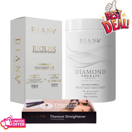 Zestaw Profesjonalny: Bioplastia 250 g + Szampon oczyszczający 100 ml + Botox Włosów Diamond 1000 g + Prostownica termoaktywna