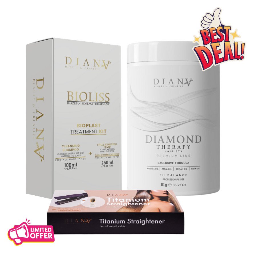 Professionele Set: Bioplastie 250 g + Reinigende Shampoo 100 ml + Diamond Haarbotox 1000 g + Thermische Stijltang