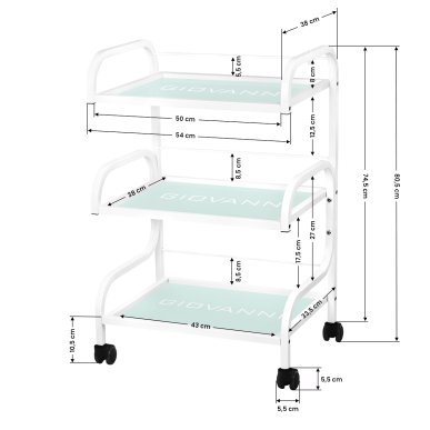 Werktafel voor cosmetische apparaten Giovanni Beauty Type 1014 met 3 glazen legplanken op wielen voor salon en nagelstudio
